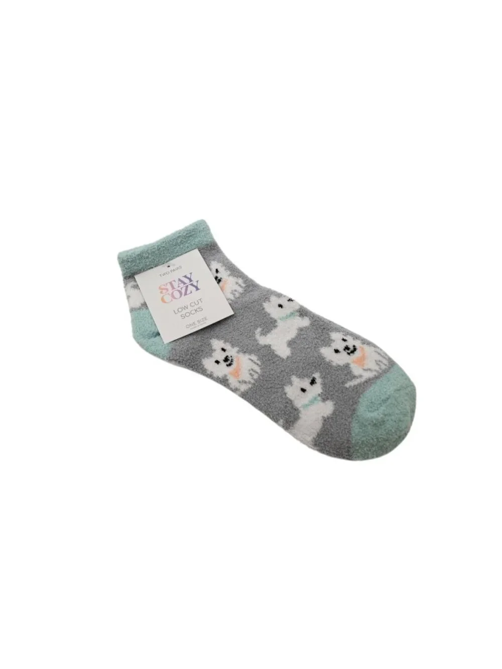 NWT Stay Cozy 2 Pack Low Cut Fuzzy Socks One Size Gray White Dog Animal Print